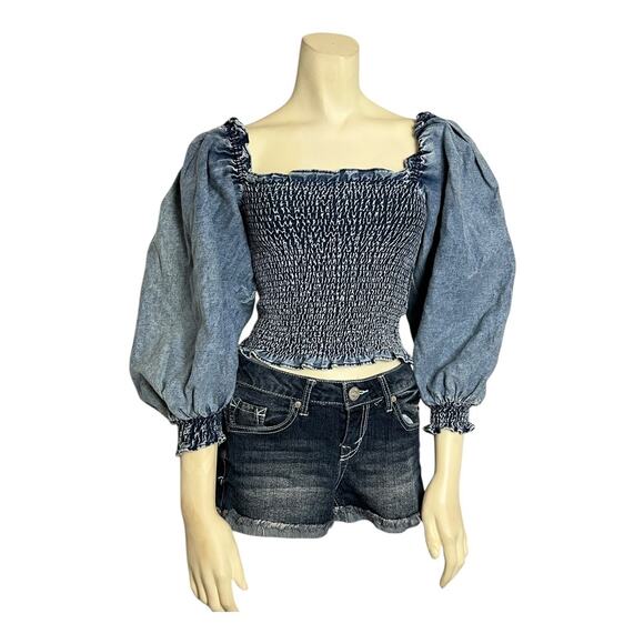 Something Navy Off-Shoulder Puff Sleeve Smocked Chambray Top Blue Women's S Chic - Picture 2 of 7